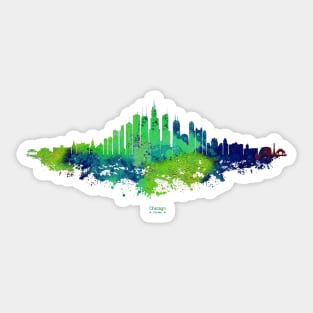 Chicago City Skyline - Green Watercolor silhouette on Black Background Sticker